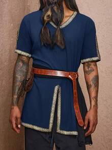 Men's Medieval Pirate Tunic Short Sleeve Linen Renaissance Viking Knight Style LARP & Halloween Costume Top - 藏蓝色 - 查看 1