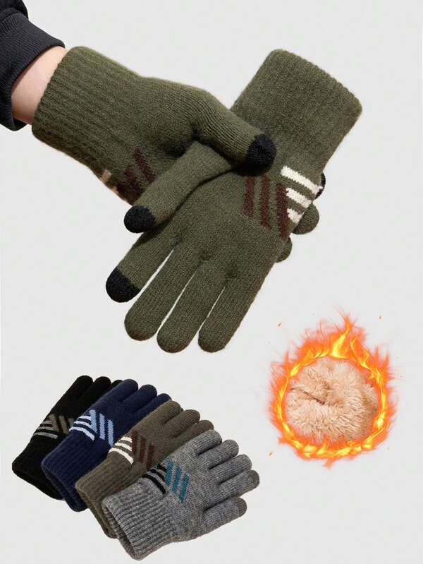 Luvas de inverno, fio de malha, tela sensível ao toque de cinco dedos com veludo grosso, luvas quentes para jogos, masculinas e estudantes, para viagem