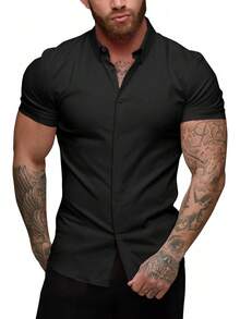 Men's Muscle Dress Shirts Slim Fit Stretch Short Sleeve Casual Button Down Shirts For Menhalloween - Hoa - Xanh navy - Xem 3
