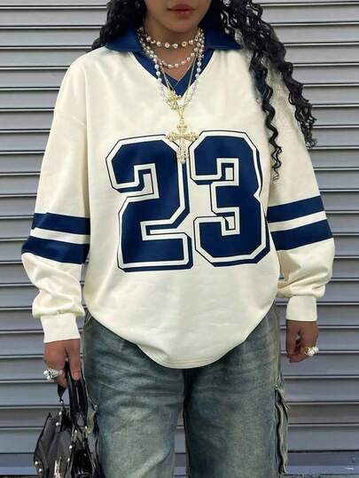 1 件大码 V 领字母印花长袖休闲运动衫，秋冬