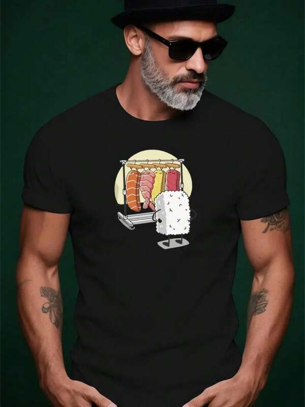 Camiseta Masculina 100% Algodão - Estampa Sushi Fashion  Verão    Ajuste Regular    Nenhum