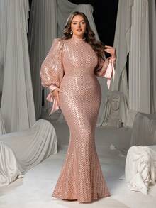 Plus Size Women's Elegant Formal Evening Gown, Lantern Sleeve Design, Fishtail Hem, High Collar, Fitted Silhouette, Suitable For Black Tie Events, Galas, Weddings, Awards Ceremonies, Charity Balls, Etc. - Champagne - View 1