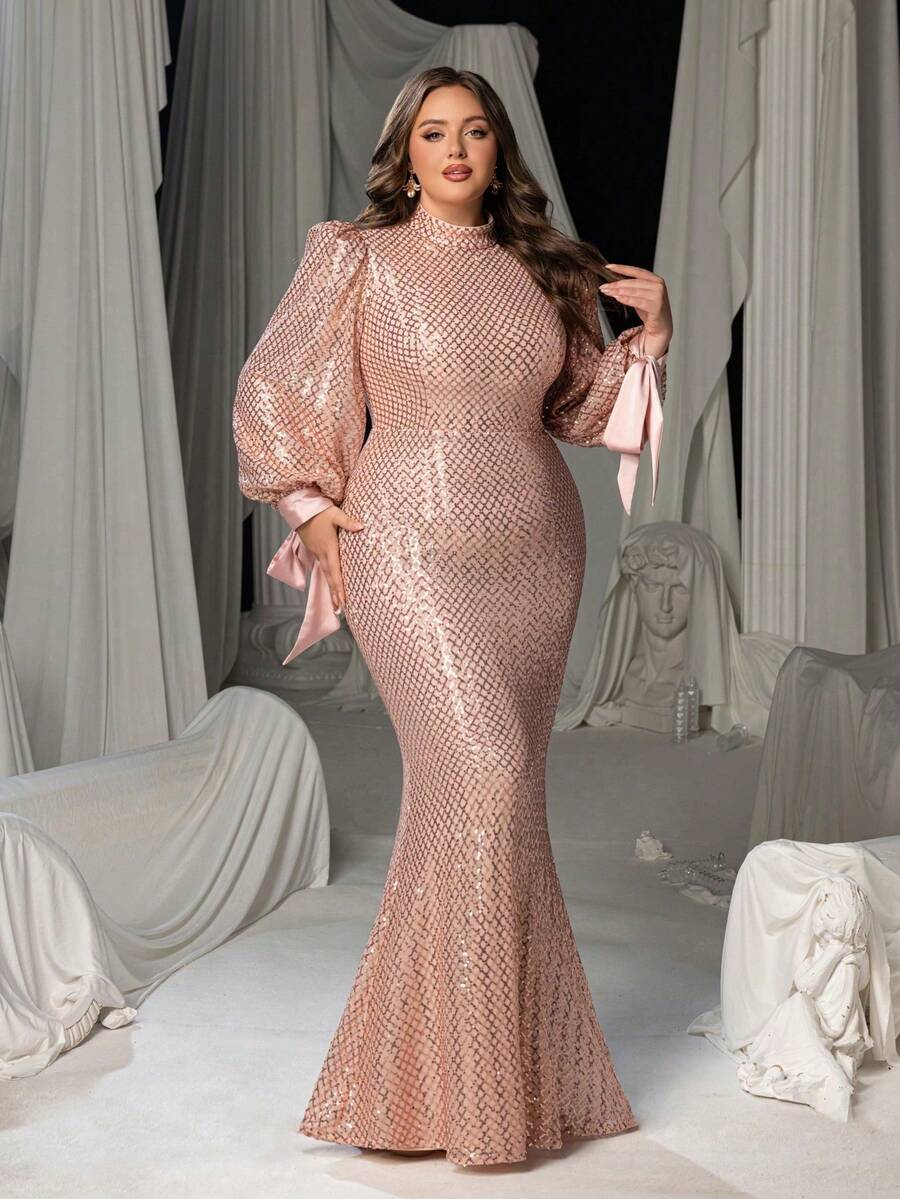 Plus Size Women's Elegant Formal Evening Gown, Lantern Sleeve Design, Fishtail Hem, High Collar, Fitted Silhouette, Suitable For Black Tie Events, Galas, Weddings, Awards Ceremonies, Charity Balls, Etc. - Champagne - View 1