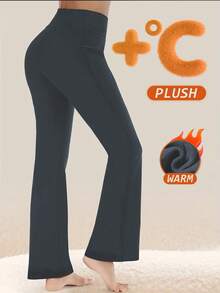 女士高腰喇叭瑜伽裤，带口袋 - 保暖内衬，收腹设计，喇叭裤型，适合运动、跑步、健身、旅行和日常穿着，冬季款 - 灰色 - 查看 5