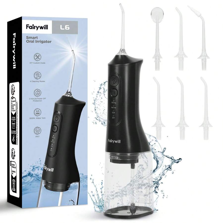 Fairywill Water Dental Flosser Teeth Pick Portable Cordless Oral Irrigator 300ML Rechargeable Travel Irrigation Cleaner IPX7 Waterproof Electric Flossing Machine For Teeth Cleaning - 黑色 - 查看 1