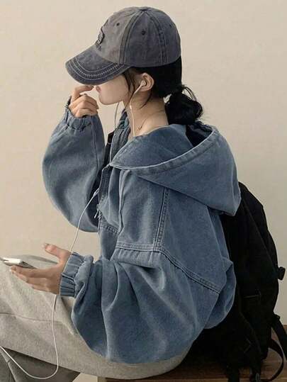 女士休闲宽松双拉链短款牛仔连帽外套，百搭港式春季款