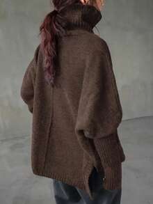 Maglione a collo alto, spalle scoperte, in maglia a costine, per donne taglia comoda, maniche lunghe, vestibilità morbida, lunghezza regolare, tessuto non elasticizzato, adatto per autunno/inverno