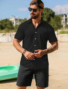 Camisas casuales de vestir de manga corta con botones y cuello para hombres, de estilo casual y elásticas, de la marca URRU - Negro - Ver 2