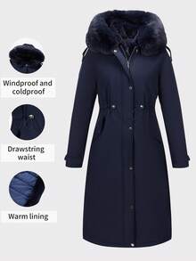 Women's Mid-Length Jacket With Faux Fur Collar And Belt, Suitable For Autumn/Winter - Blue - View 2