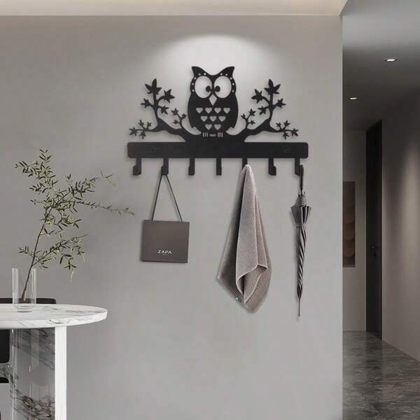 1 Pieza Perchero de pared de metal con forma de búho con 7 ganchos, organizador de llaves, toallas, paraguas, sombreros y bolsos, decoración de pared, decoración estética para la habitación