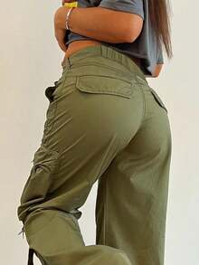 Women's Casual Loose Solid Color Cargo Pants - Army Green - View 3