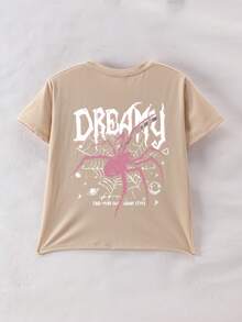 少女蜘蛛和标语图案短袖T恤夏季 - 杏色 - 查看 2