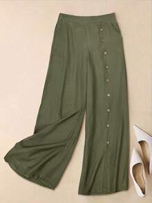 四季新款复古橄榄绿修身腰亚麻侧单排木质假纽扣开衩阔腿休闲女裤垂坠亲肤面料显瘦高挑百搭通勤裤松紧腰宽松直筒阔腿口袋设计舒适透气女裤 - 墨綠色 - 查看 7
