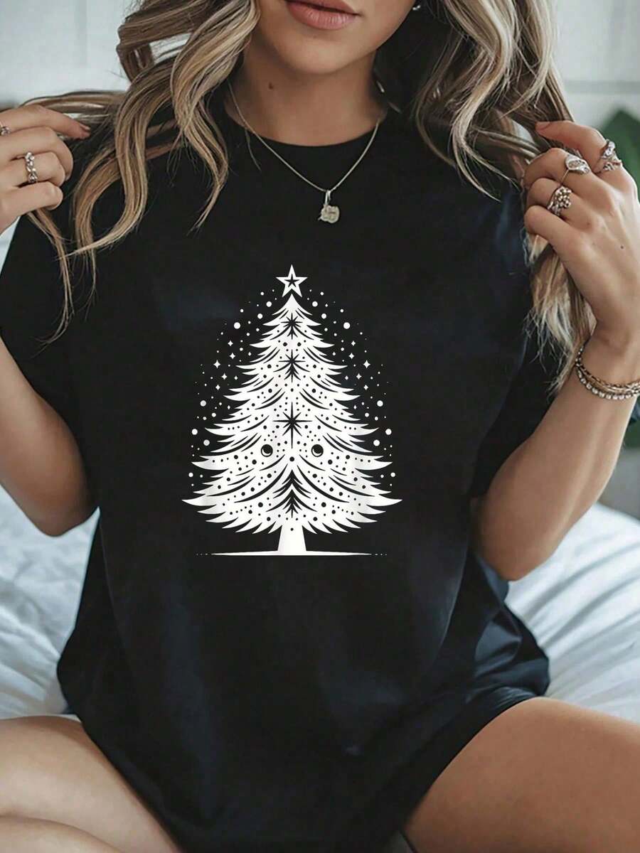 Camiseta de Navidad de la familia de elfos gruñones más probable - Camiseta de manga corta 100% algodón para mujeres de otoño, camiseta con patrón de diversión familiar de copos de nieve de Navidad - Blanco y Negro - Ver 1