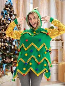 Sudadera con capucha navideña para mujer, sudadera de manga larga con lentejuelas y retazos, disfraz de cosplay - Dorado - Ver 4