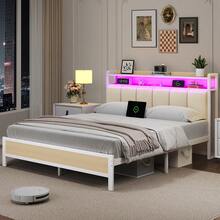LED Bed Frame With Storage Headboard, Upholstered Bed Frame With Charging Station, Metal Platform Bed Frame With Heavy Duty Metal Slats, No Box Spring Needed, Easy Assembly, Black/ White/ Beige - Xem 11