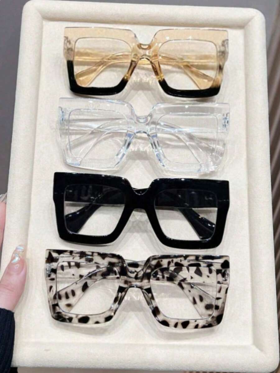 4 قطع نظارات إطار مربع كلاسيكي كبير الحجم، مناسبة للنساء ذوات الوجوه الكبيرة