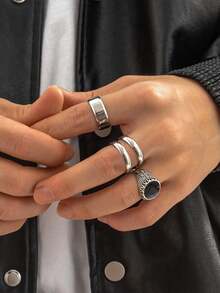 4 件时尚街头朋克嘻哈风格几何圆形不锈钢戒指套装，男士休闲日常佩戴