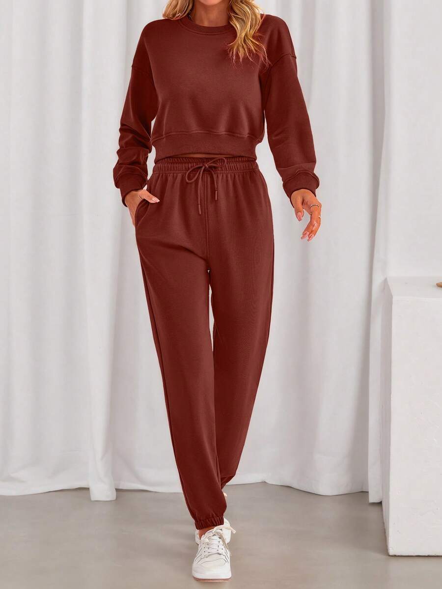 Women Fall 2 Piece Outfits Casual Long Sleeve Crop Top Drawstring Pant Jogger Suit Jumper Sportswear Sweatsuits Tracksuit Matching Set - 磚紅色 - 查看 1