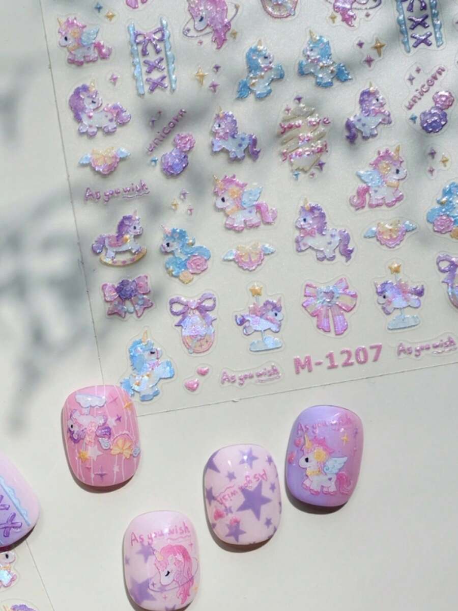 紫色独角兽洛丽塔美甲贴纸 5D蝴蝶结魔法玫瑰旋转星翼可爱卡通旋转木马快乐美甲贴花梦幻5D奇幻自粘美甲贴纸女孩美甲用品 - 彩色 - 查看 1