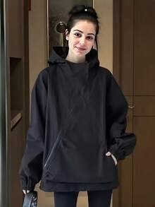 Black Relaxed Fit Lightweight Hooded Jacket - Slant Zipper Design, Retro Casual Outdoor Pullover, Spring/Autumn Coat, Machine Washable, Multifunctional Casual Wear - màu đen - Xem 2