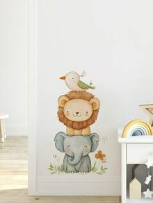 1pc Watercolor Cute Animal Wall Sticker - Elephant & Monkey Design - PVC Self-Adhesive Decal, Applicable For Game Room/Kids Bedroom Decor, Living Room, Door, Kindergarten Decor, Classroom, Home Decor & Gifts - Multicolor - View 6