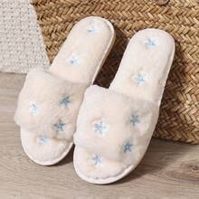 秋冬女士刺绣蝴蝶结家居拖鞋，毛绒室内拖鞋，平底女士拖鞋，家用地板拖鞋，女士拖鞋，蓬松拖鞋 - 藍色星星 - 查看 7