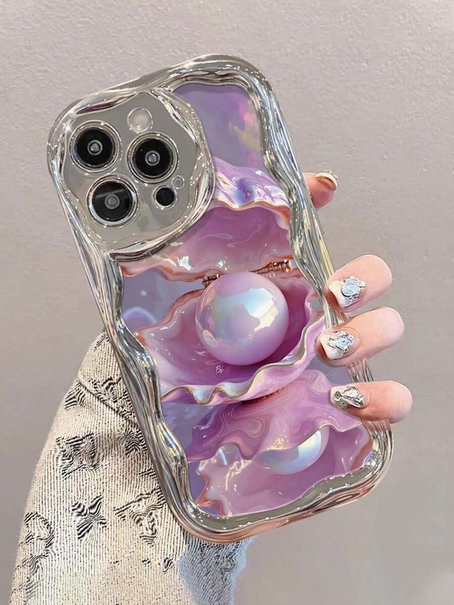 1 pieza Funda de teléfono gruesa y resistente al impacto con estampado de perla y concha electrochapada, compatible con la serie Apple - Multicolor - Ver 1