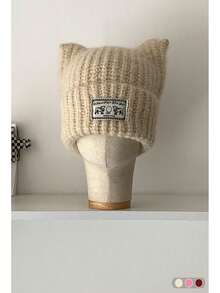 Gorro de punto de unicolor con aplicación de orejas de gato, gorro de punto unisex simple y versátil con protección de orejas cálida, nuevo y adorable gorro de punto con orejas de gato para mujeres, gorro de punto grueso y cálido con protección de orejas para otoño/invierno
