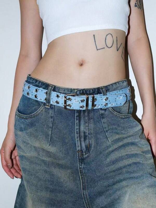 1 Stück Neuer Luxusgürtel Schwarz Punk Accessoires Blauer Jeansgürtel HipHop Y2k Sternschnalle Bund, Für Männer Frauen, Cut-Out