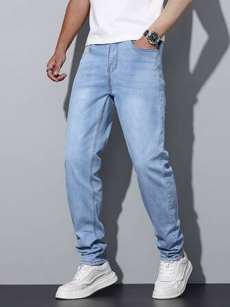 leev 男式休闲直筒弹力牛仔裤，带口袋