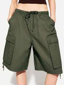 Women Y2k Drawstring Cargo Shorts Baggy Denim Shorts Summer Fashionable Wide Leg Knee Length Jean Shorts With Pocket Streetwear - xanh quân đội - Xem 3