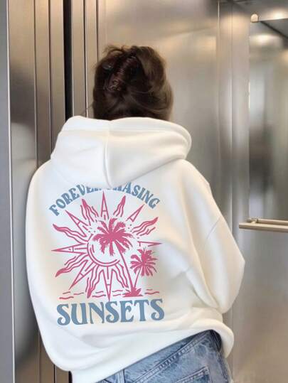 Women's Autumn And Winter Alphabet Sunset Print Pattern Hooded Sweatshirt, Casual And Loose And Versatile Holiday Style Top, Suitable For Daily Holiday Wear Fashionable Autumn And Winter Wear