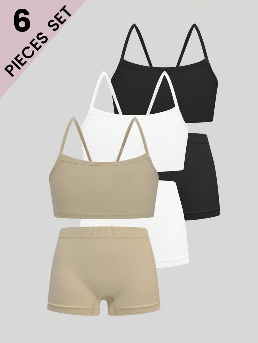 6pcs/Set Girls Casual Fashion Unpadded Camisole Bras And Simple Seamless Comfortable Briefs Set