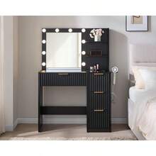 36.2" Fluted Vanity Desk With Mirror And Adjustable LED Lights, Large Makeup Vanity With 4 Drawers, Glass Top And Charging Station For Bedroom Or Dorm, Women And Girls, Black - 查看 2