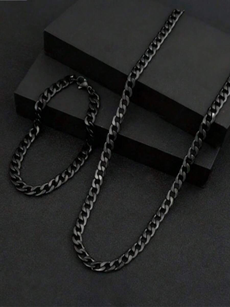1 Set Stainless Steel Black Chain Jewelry Set, Fashionable Punk Hip-Hop Accessories Suitable For Men And Couples Everyday Wear