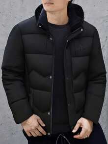 男士户外休闲运动夹克，大口袋和可拆卸兜帽设计，加厚保暖衬里，适合送给男朋友、丈夫、父亲，秋冬季 - 黑色 - 查看 2