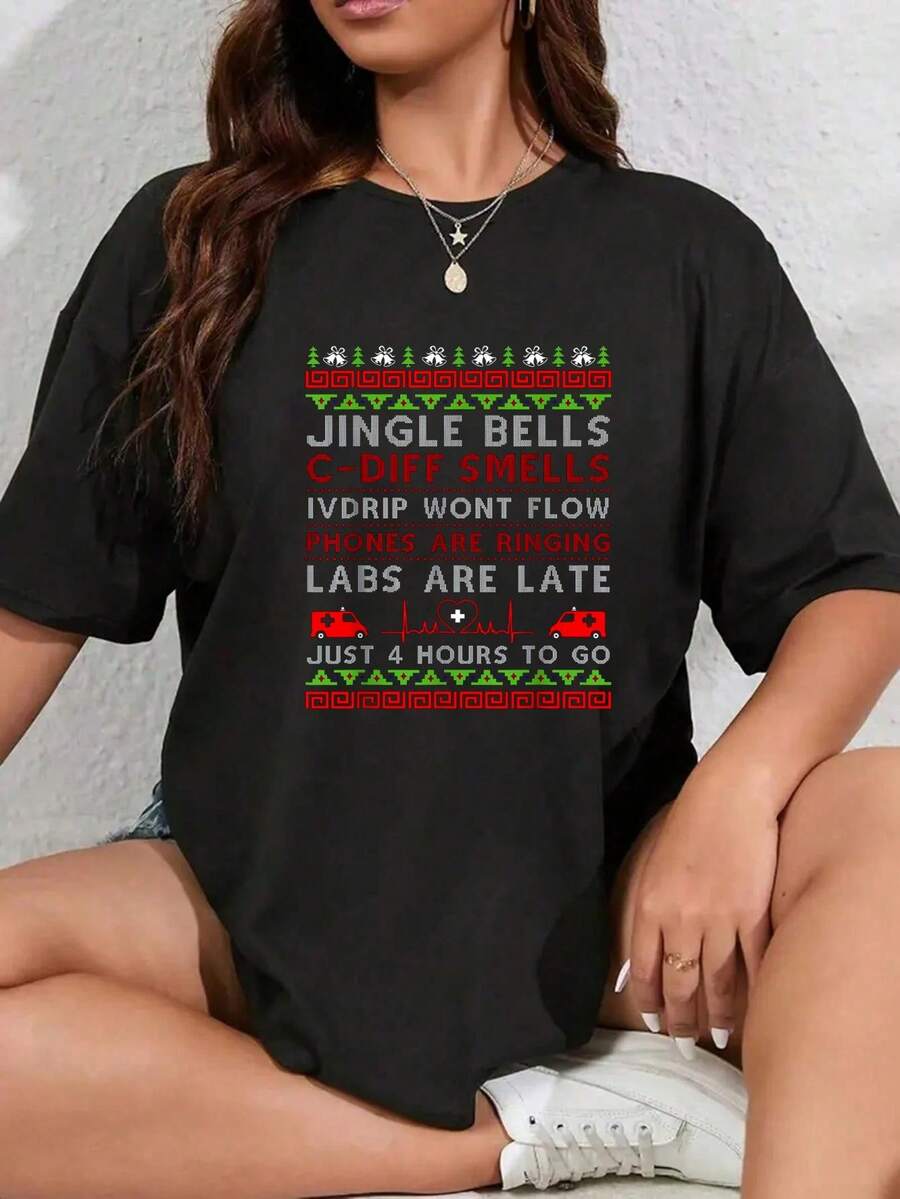 Camiseta "Un poco ocupada siendo enfermera y mamá de perros" para amantes de los perros - Otoño, 100% algodón, camiseta de cuello redondo con estampado de árbol de Navidad, top navideño para mujeres - Rosa Fucsia - Ver 1