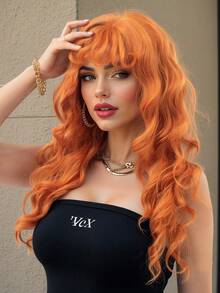 26英寸脏橙色长卷发假发，浪漫美丽的合成发假发和刘海假发，适合日常生活和派对。万圣节假发 - 橘色 - 查看 1