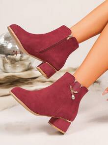秋冬优雅麂皮中跟粗跟酒红色踝靴，水钻侧拉链靴，时尚弹力女式踝靴 - 酒紅色 - 查看 6