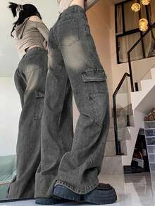 Women's Utility Pocket Wide Leg Loose Casual Versatile Jeans - Light Grey - View 2