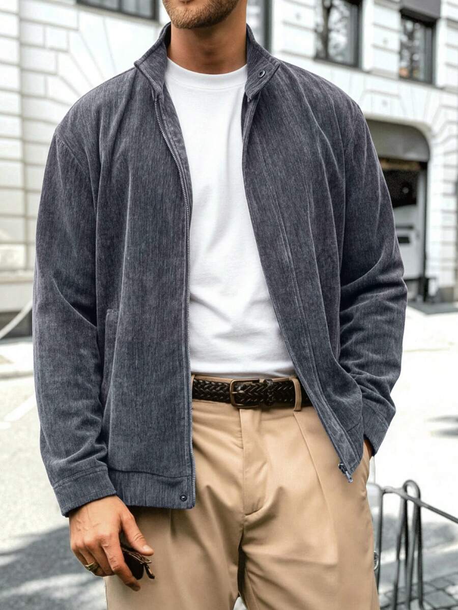 Áo khoác LOOKUN 2025 kiểu dáng cổ điển mới, khóa kéo, chất liệu đồng amoni, họa tiết vân gỗ. Áo khoác thời trang thu đông LOOKUN unisex. - Màu xám đen - Xem 1