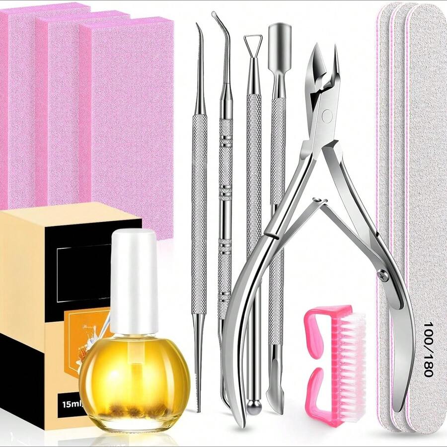 13 PCS Professional Manicure & Pedicure Kit - Nail Care Set With Cuticle Cutter, Oil, Nail Files & Buffer Blocks, Complete Home Salon Kit For Women, Gift Ready - 牛奶和蜂蜜 - 查看 1