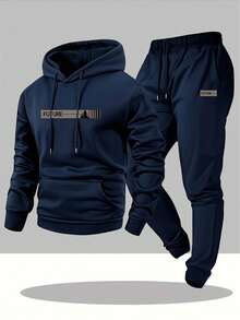 Men's Two-Piece Set, Casual Round-Neck Long-Sleeved Hooded Sweatshirt And Sweatpants Set, Suitable For Winter And Autumn, Sportswear Set, Sweater Hooded Shirt, Sweatshirt, Sweatpants, Hooded Shirt, Jogging Pants,The Size Is A Bit Small. It Is Recommended To Choose A Larger Size. - Navy Blue - View 4