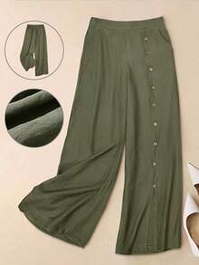 四季新款复古橄榄绿修身腰亚麻侧单排木质假纽扣开衩阔腿休闲女裤垂坠亲肤面料显瘦高挑百搭通勤裤松紧腰宽松直筒阔腿口袋设计舒适透气女裤 - 墨綠色 - 查看 4