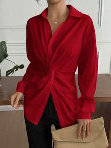 Women Drop Shoulder Solid Color Long Sleeve Twist Knot Blouse - Red - View 4