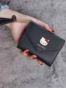 Sanrio Hello Kitty 女孩迷你钱包 - 小巧轻便的三折设计，按扣闭合，多个卡槽和流苏装饰 - 日常必备小包（黑色），可爱风格，卡包，流苏装饰