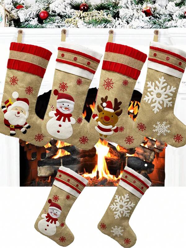 1 Stück Weihnachtsstrümpfe aus Sackleinen, rustikale Strümpfe mit Weihnachtsmann, Schneemann, Rentier Weihnachtscharakteren, Familien Feiertags Dekorationen, Weihnachtsstrümpfe zum Aufhängen, Weihnachtsbaum, Kamin (Weihnachtsschneeflocken), Weihnachtsdekoration, Winterraumdekoration, Weihnachtsdekoration Zuhause, Weihnachtsgeschenke, Weihnachtsdekoration