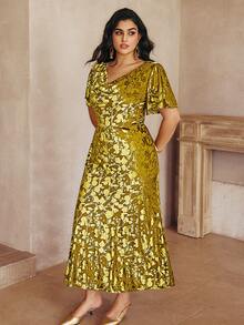 Sollinarry 大码女式秋冬新款闪亮天鹅绒烂花蝴蝶袖荷叶边领长款优雅连衣裙、生日礼服、婚礼宾客礼服，适合圣诞节、新年 - 薑黃色 - 查看 6