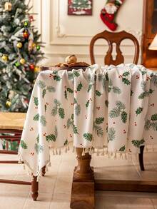 1pc Merry Christmas Rectangular Tablecloth, Green Pine Leaf & Pine Cone Print Pattern, Bamboo Texture, Washable, Suitable For Dining Table, Coffee Table, Nightstand, Cabinet Cover, Home Kitchen, Party, Christmas Decor, Holiday Gift, New Year Decoration - Green - View 9